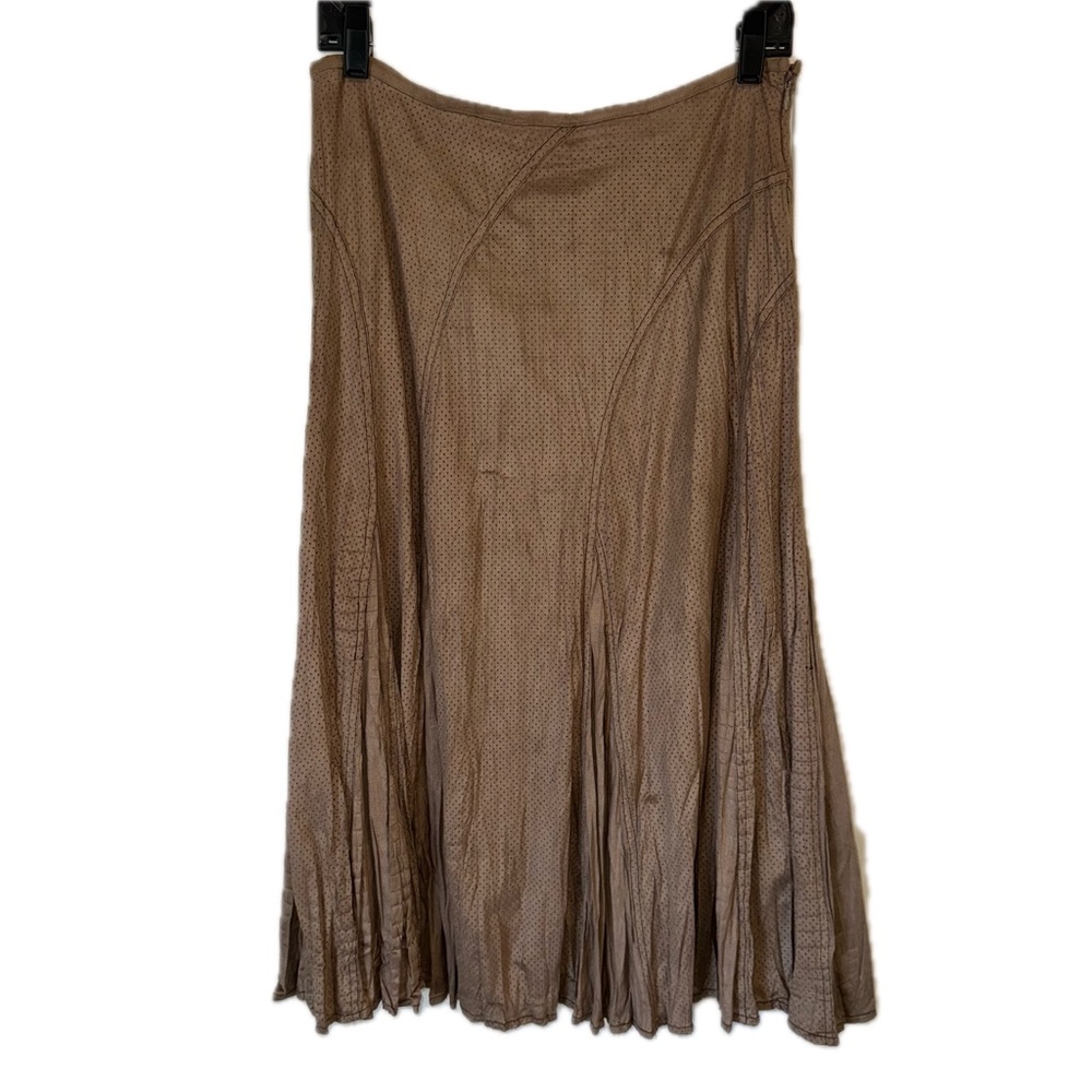 Passion Concept Taupe Solid Perforated Dot Faux Suede Plissé Flared Midi Skirt M